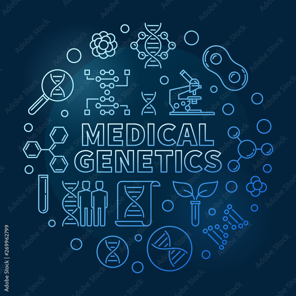 Medical Genetics vector round medicine blue outline illustration on dark background