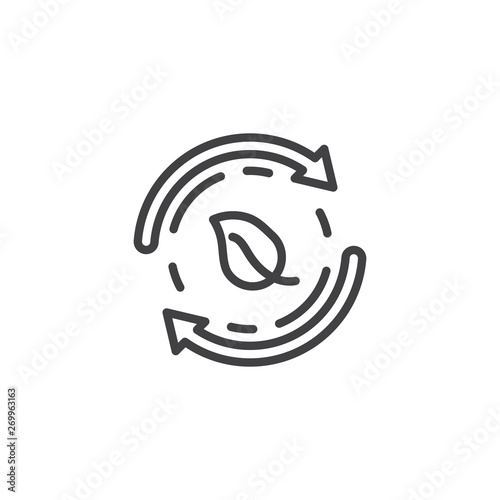 Ecology recycle line icon. linear style sign for mobile concept and web design. Plant leaf and cycling arrows outline vector icon. Eco, renewable symbol, logo illustration. Vector graphics