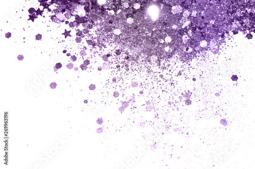 Purple glitter and glittering stars on white background in vintage colors
