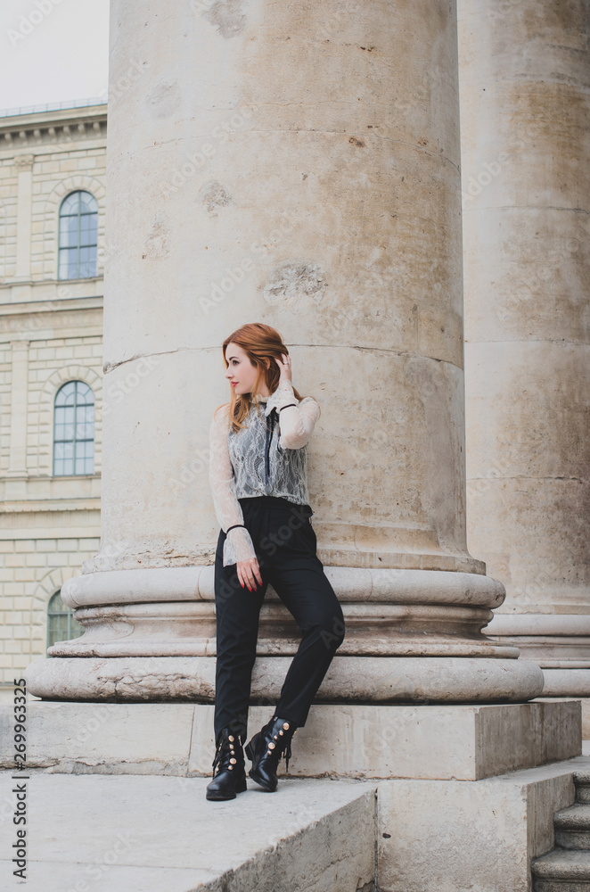 Pretty woman in Old Europe, vacation and travelling time. Vintage style in clothes and view. Trip in Germany Pretty woman in Old Europe, vacation and travelling time. Vintage style in clothes and view. Trip in Germany