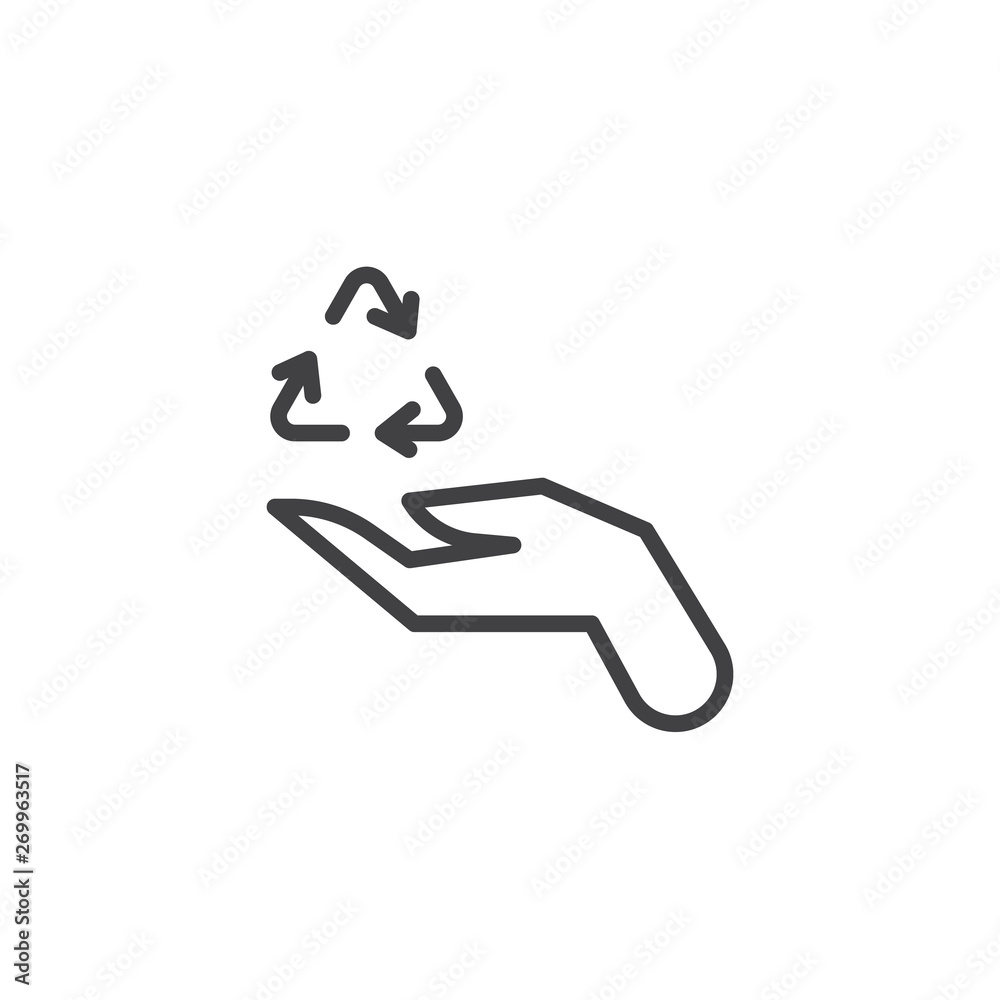 Eco hand line icon. linear style sign for mobile concept and web design. Hand with recycling arrows outline vector icon. Ecology care symbol, logo illustration. Vector graphics Eco hand line icon. linear style sign for mobile concept and web design. Hand with recycling arrows outline vector icon. Ecology care symbol, logo illustration. Vector graphics