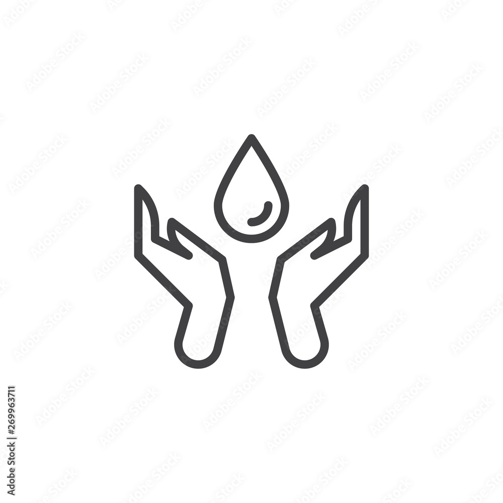 Save water line icon. linear style sign for mobile concept and web design. Hand and water drop outline vector icon. Ecology care symbol, logo illustration. Vector graphics