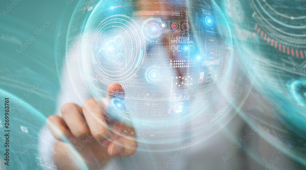 Woman using digital technological interface with datas 3D rendering Woman using digital technological interface with datas 3D rendering