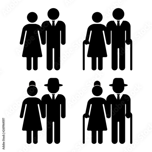 Young and elderly people on white background. Senior and young couple. Vector illustration