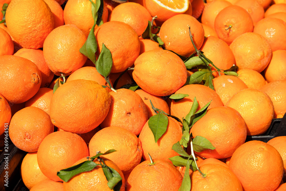 Spanish fresh oranges on stall market in southern Spain
