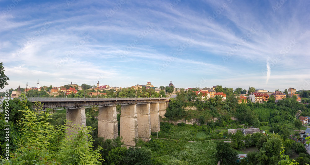 Novoplanovsky bridge over canyon and Old town, Kamianets-Podilskyi city, Ukraine