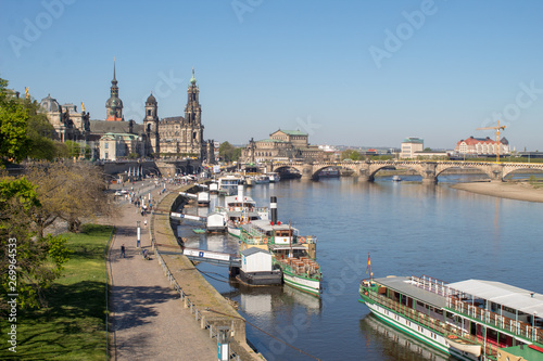 Dresden streets with beautiful architectural masterpieces in the Baroque and Art Nouveau style on a sunny Easter day. © Olena