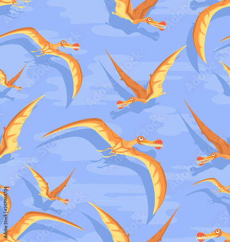 Orange pterosaurs among the clouds. Flying dinosaurs. Seamless pattern. Design for baby textiles. Background image for a Dino party.