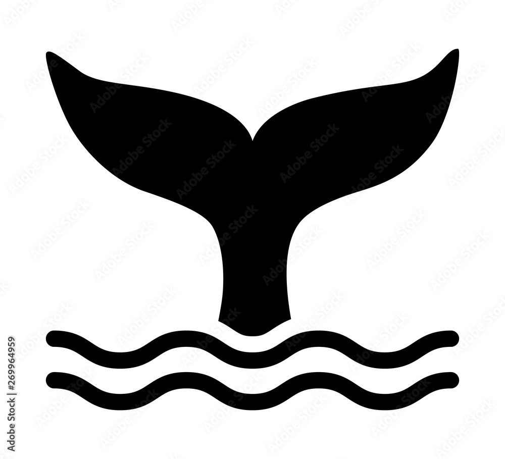 Whale tail or mermaid tail making waves flat vector icon for wildlife apps and websites - obrazy, fototapety, plakaty 
