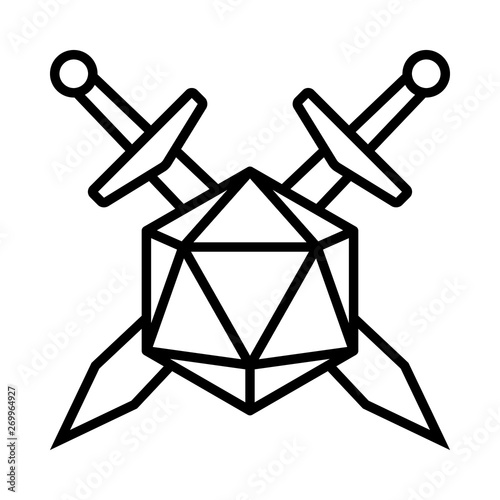Swords crossed with 20 sided / d20 or 20d dice line vector icon for apps and websites