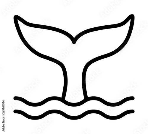 Whale tail or mermaid tail making waves line art vector icon for wildlife apps and websites