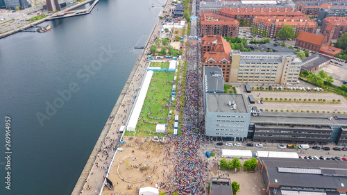 Photography Marathon running race, aerial view of start and finish line with many runners fr