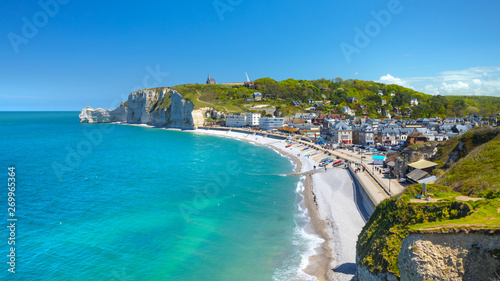 Picturesque panoramic landscape on the cliffs of Etretat. Natural amazing cliffs. Etretat, Normandy, France, La Manche or English Channel. Coast of the Pays de Caux area in sunny summer day. France