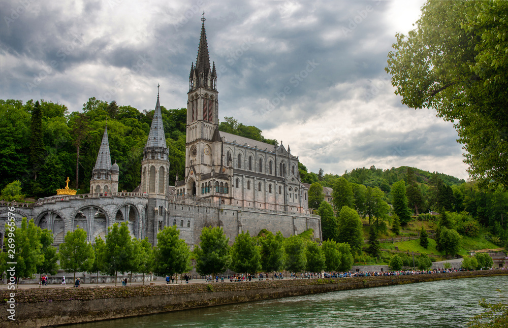 View of the basilica of Lourdes in France