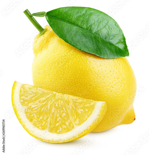Ripe yellow lemon citrus fruit with green leaf and slice isolated on white background. Lemons with clipping path. Full depth of field.
