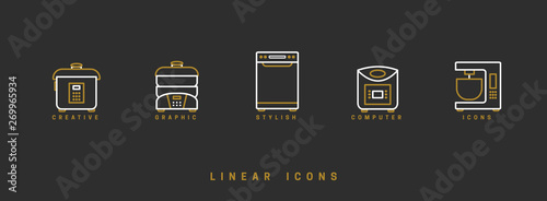 Set of outline vector home appliances icons for web design in simple linear style isolated on black background