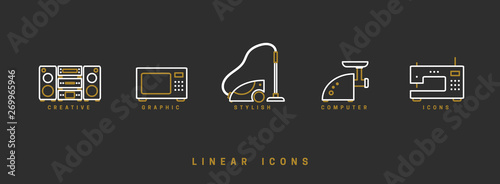Set of outline vector home appliances icons for web design in simple linear style isolated on black background