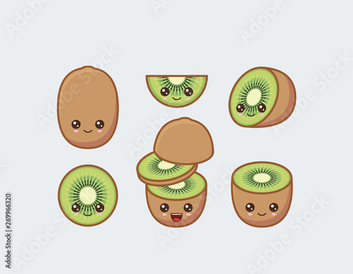 Kiwi set drawn cute kawaii food faces