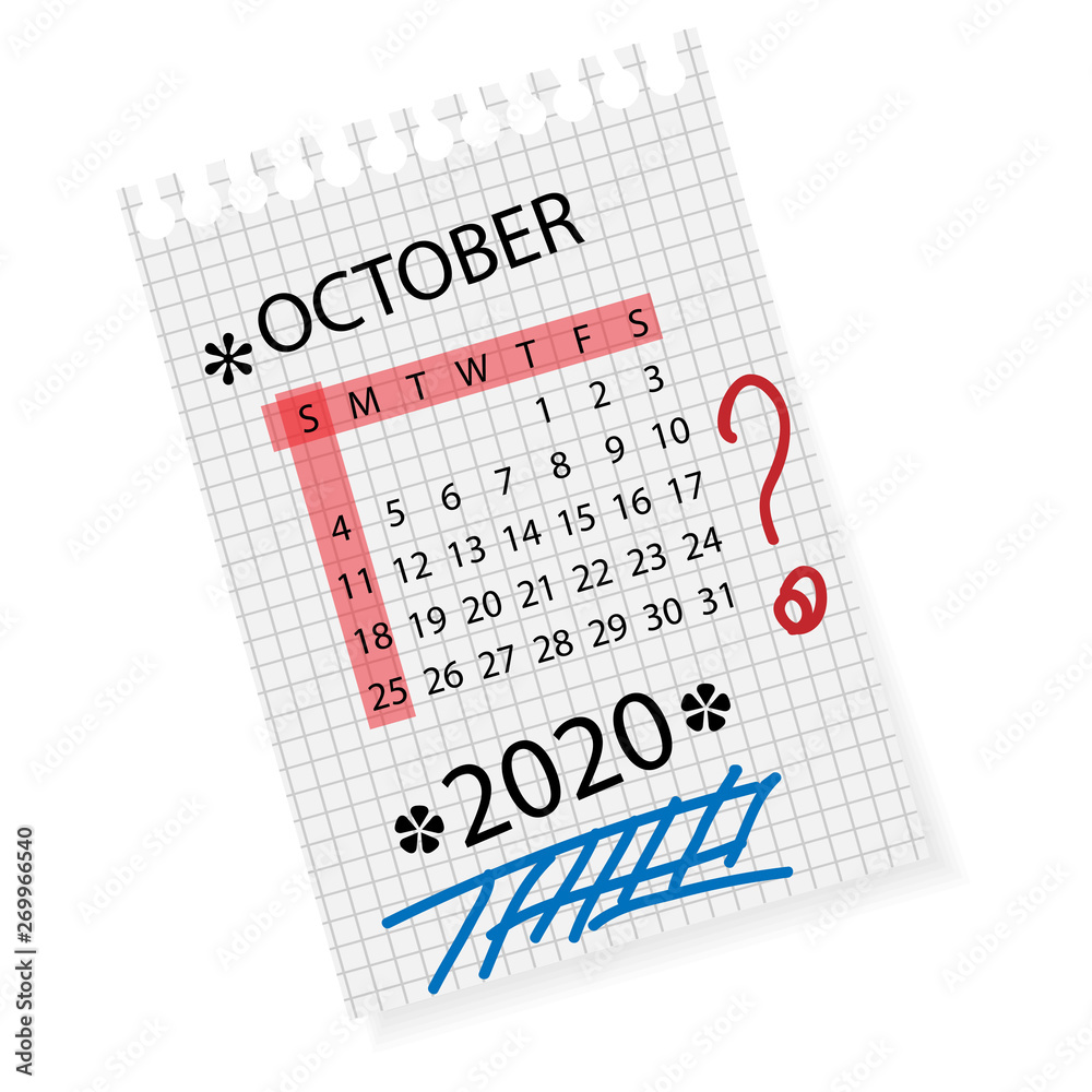Calendar for October 2020. Vector calendar template on checkered sheet of paper. Hand drawn scribble elements. Week starts on Sunday.