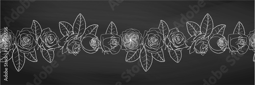 Hand drawn doodle style black rose flowers seamless brush. floral design element. rose endless border isolated on black chalkboard background. stock vector illustration photo