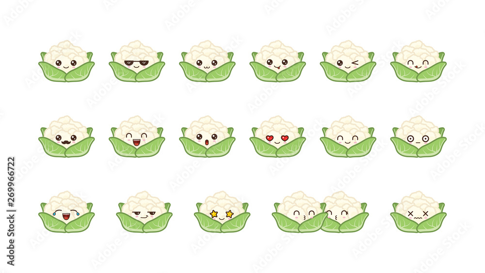 Obraz premium Cauliflower cute kawaii mascot. Kawaii food faces