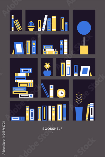 Books and ornaments on bookshelves. flat design style minimal vector illustration