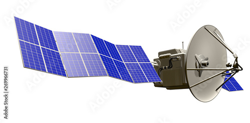 Industrial illustration of orbital satellite with large solar panels isolated on clear white background - 3D Illustration
