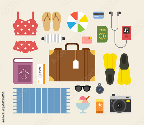 Items needed for summer travel abroad. flat design style minimal vector illustration