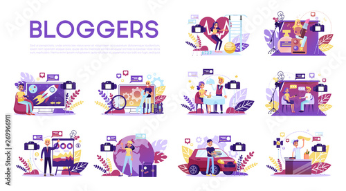 Blogger set. Various video blogger make review.