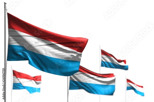 cute independence day flag 3d illustration. - five flags of Luxembourg are wave isolated on white - photo with soft focus