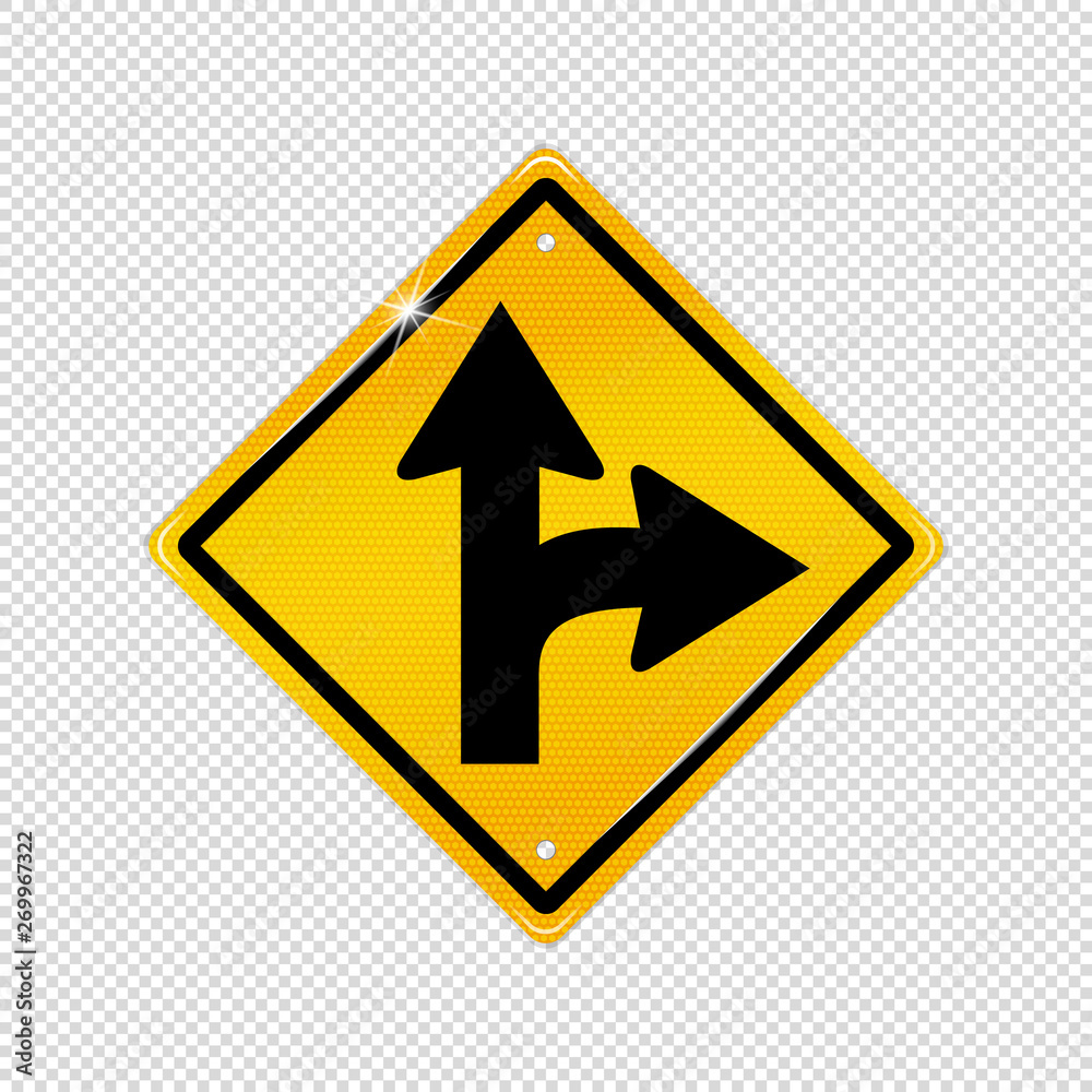 International Right Turn Split Symbol - Textured Yellow Warning Icon - Vector Illustration Isolated On Transparent Background International Right Turn Split Symbol - Textured Yellow Warning Icon - Vector Illustration Isolated On Transparent Background