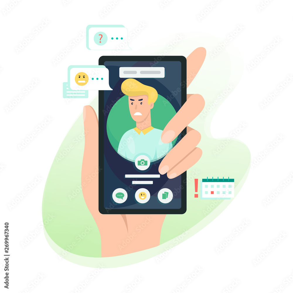 Hand holding mobile phone with person avatar on the screen Hand holding mobile phone with person avatar on the screen