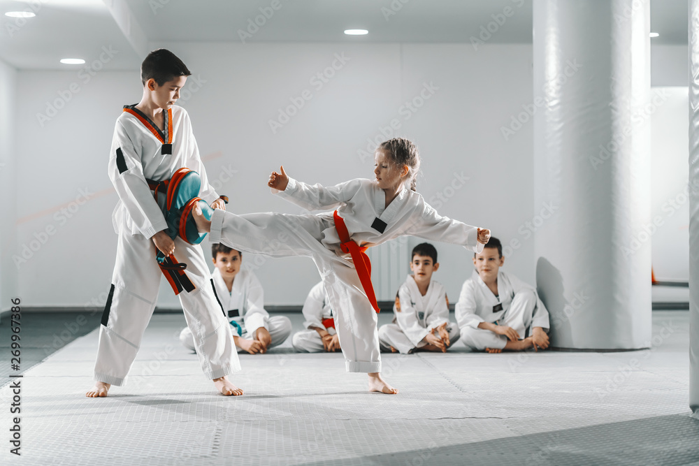 Caucasain boy and girl in doboks having taekwondo training at gym. Girl kicking while boy holding kick target. In background their friend sitting with legs crossed and watching them. Caucasain boy and girl in doboks having taekwondo training at gym. Girl kicking while boy holding kick target. In background their friend sitting with legs crossed and watching them.