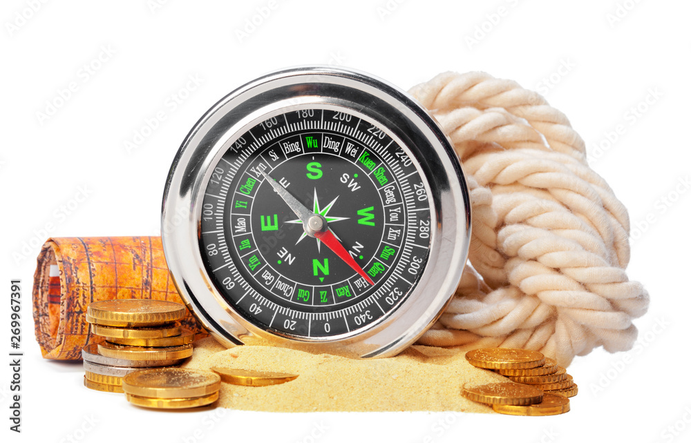 Nautical rope with compass for navigation. Yachting background