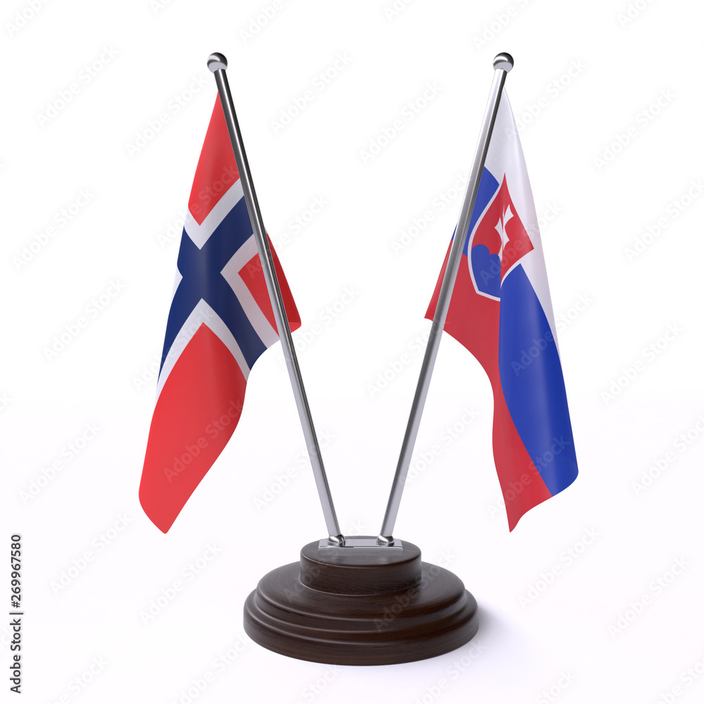 Norway and Slovakia, two table flags isolated on white background. 3d image