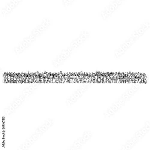 people sitting and standing together intwo lines abreast vector illustration sketch doodle hand drawn with black lines isolated on white background