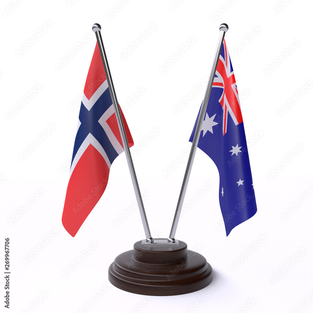Norway and Australia, two table flags isolated on white background. 3d image