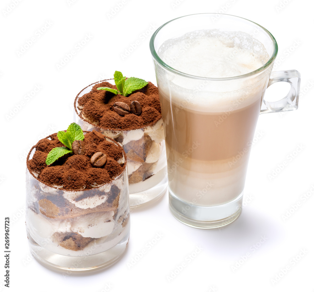 Classic tiramisu dessert in a glass and cup of coffee isolated on a white background with clipping path Classic tiramisu dessert in a glass and cup of coffee isolated on a white background with clipping path