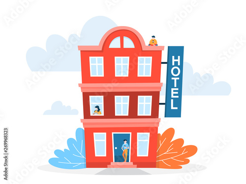 Hotel red building in the city. Modern architecture, exterior