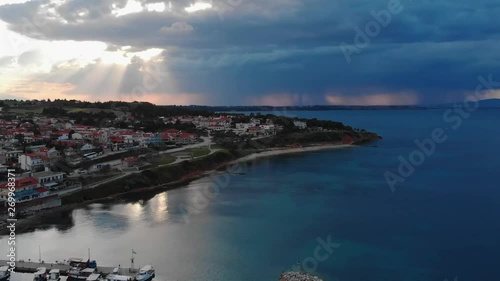 Beautiful sunset over the marina at Nea Fokea, Halkidiki,Greece. Aerial photo