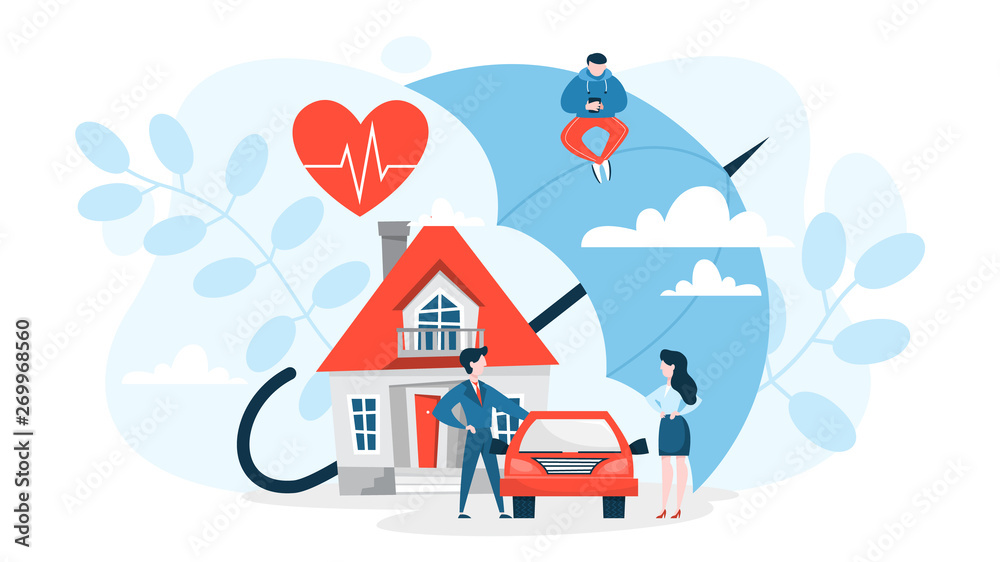 Property insurance concept. House and car standing - obrazy, fototapety, plakaty 