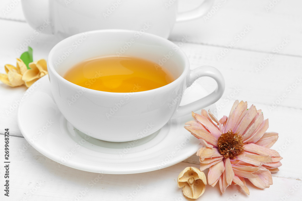 teapot and cups of tea on a white wooden background