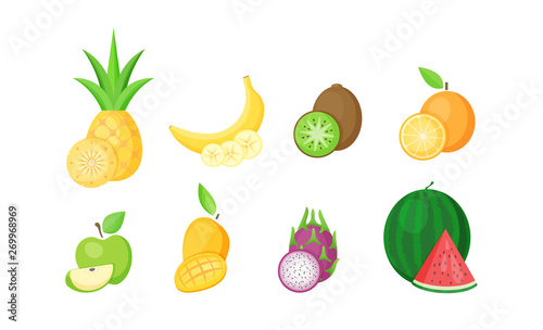 Fototapeta Naklejka Na Ścianę i Meble -  Set of tropical fruits with slices cartoon vector illustration. Fresh natural fruit collection in flat style isolated on white background for restaurant menu design or organic market fruit banner.