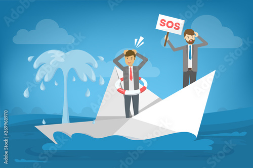 Businessman in the suit standing in the boat that sink.