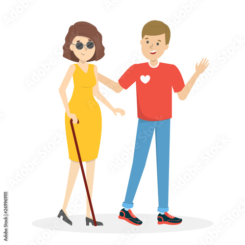 Volunteer help blind person. Woman walking with a guy