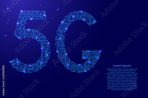 5G internet symbol icon network sign from printed board, chip and radio component with blue star space for banner, poster. Computer electronics processor motherboard. Vector illustration.