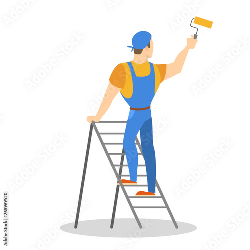 Man in the uniform standing on the ladder and paint