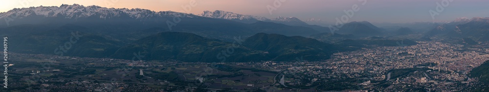 French landscape - Chartreuse. View over the city of Grenoble with Vercors and Alps in the background.