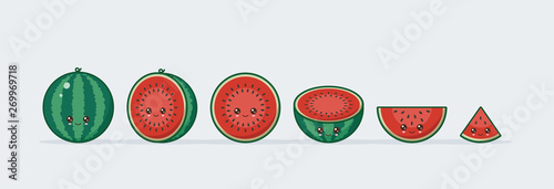 Watermelon set drawn cute kawaii food faces