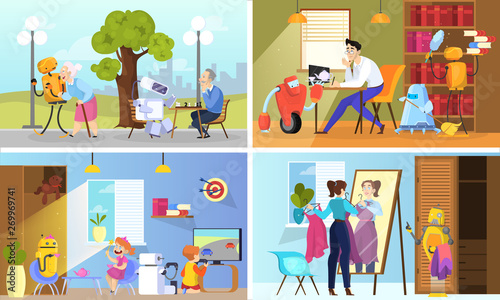 Robot help people set. Automatic service concept.